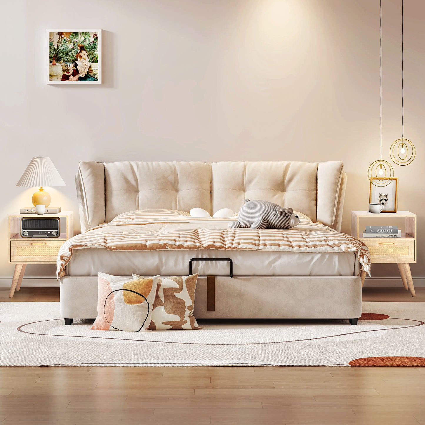 Capri Nightstands Set of 2, Rattan Sofa Table with Drawer & Open Shelf & Solid Wood Feet, for Bedroom Living Room Dorm and Small Spaces, Natural