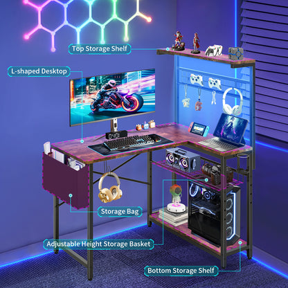 Capri 42" L Shaped Gaming Desk with Power Outlets & LED Lights, Small Computer Corner Desk with Headset Hooks and Cup Holder, Home Office Desk with Storage Shelves, Rustic Brown