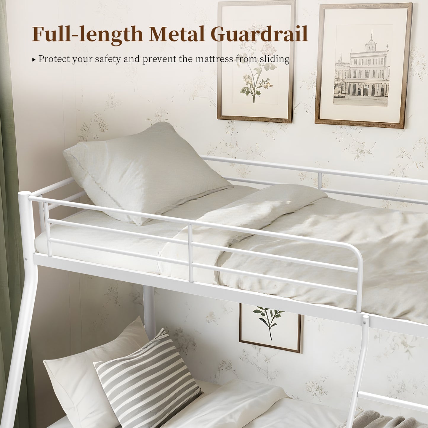 Capri Twin over Full Size Metal Bunk Bed for Teens Adult with 12" Under-Bed Storage & Ladder & Full-Length Guardrail, Space-Saving, Heavy-duty, White