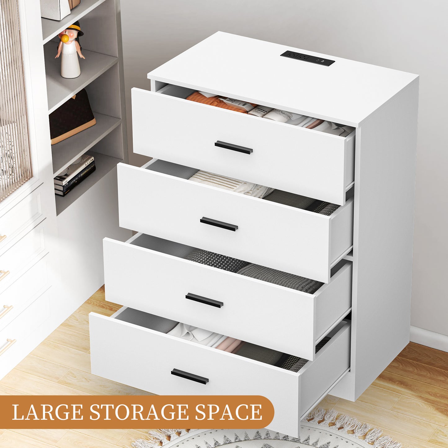 Capri White 4 Drawer Dresser with Power Outlets, Modern Storage Wide Chest of Drawer, Wooden Dresser Storage Cabinet for Bedroom Living Room