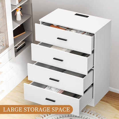 Capri White 4 Drawer Dresser with Power Outlets, Modern Storage Wide Chest of Drawer, Wooden Dresser Storage Cabinet for Bedroom Living Room