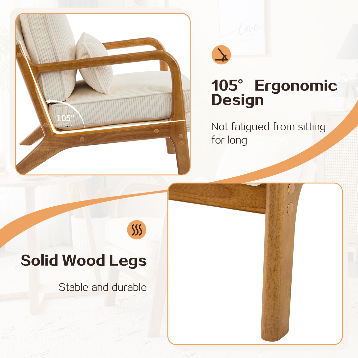 Capri Modern Accent Chair, Mid-Century Solid Wood Arm Chair, Upholstered Reading Chair with Lumbar Pillow, Sofa Side Chairs for Living Room Bedroom Guest Room, Beige Stripe