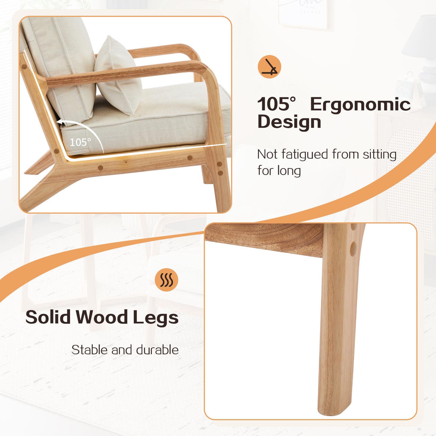 Capri Modern Reading Chair, Solid Wood Accent Arm Chair, Upholstered Sofa Side Chair with Lumbar Pillow, Armchair for Living Room Bedroom Guest Room, Beige/A