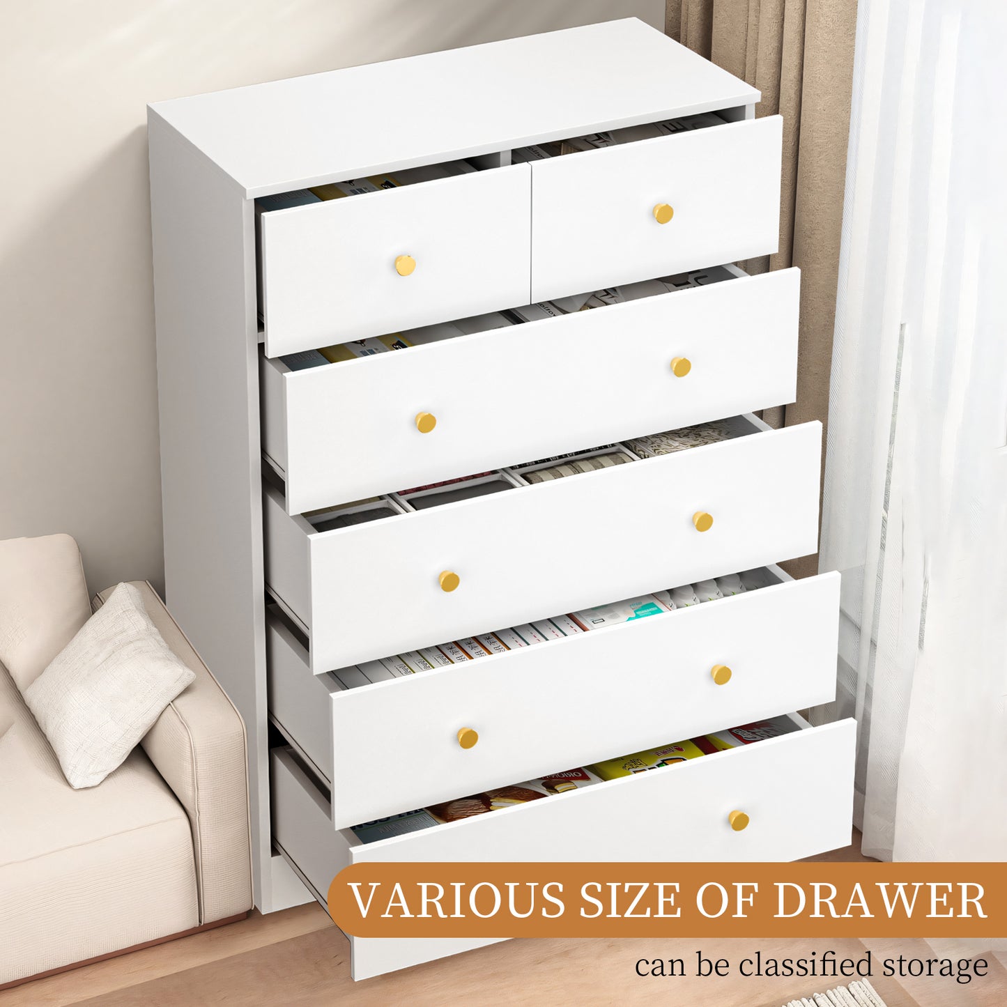 Capri White 6 Drawer Dresser, Modern Storage Wide Chest of Drawer,Wooden Dresser Storage Cabinet Bedside Nightstand for Bedroom Living Room
