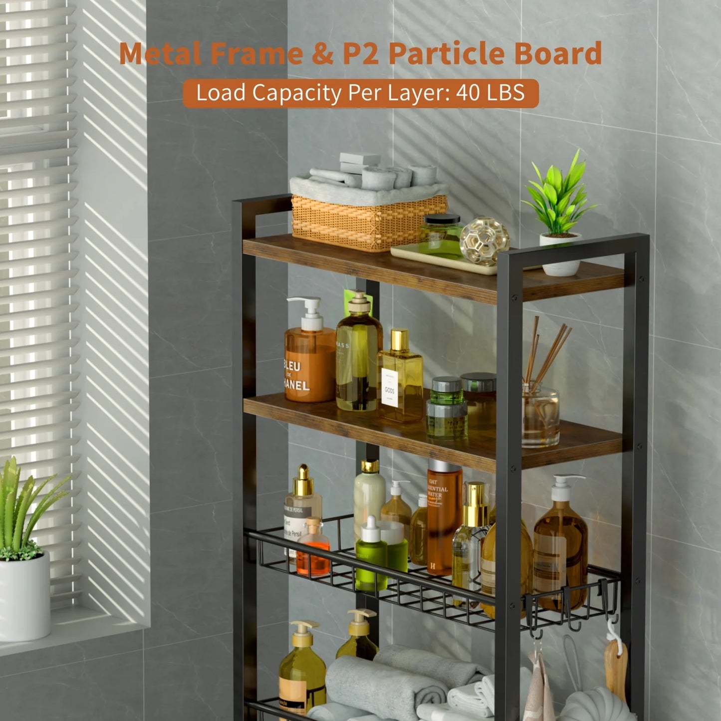 Capri 4-Tier Over-the-Toilet Storage Shelf, Bathroom Organizer Shelf Over Toilet, Freestanding Space Saver Rack with Adjustable Shelf and Basket, Rustic Brown