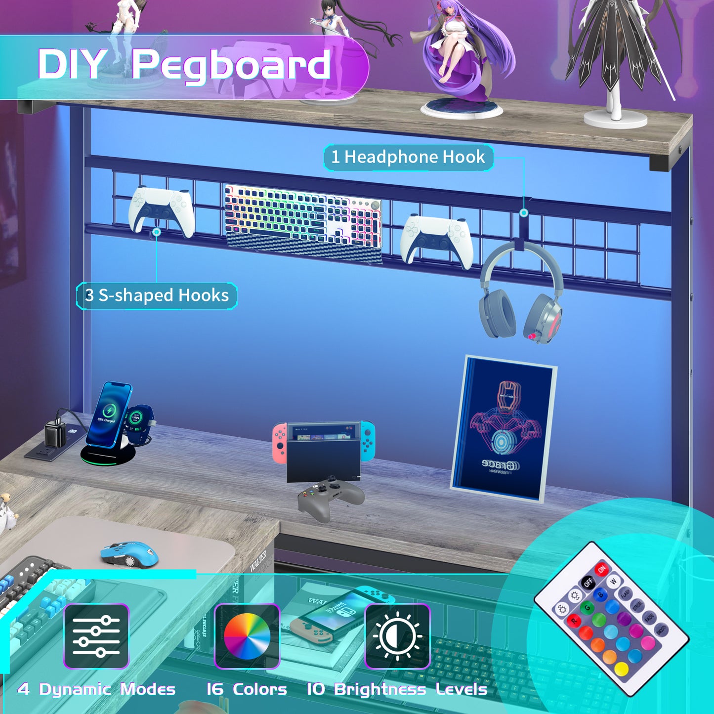 Capri L Shaped Gaming Desk, 52" Reversible Computer Desk with Power Outlets & LED Lights & Headset Hooks & Cup Holder & Storage Bag, Oak Gray