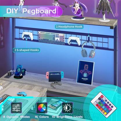 Capri L Shaped Gaming Desk, 52" Reversible Computer Desk with Power Outlets & LED Lights & Headset Hooks & Cup Holder & Storage Bag, Oak Gray