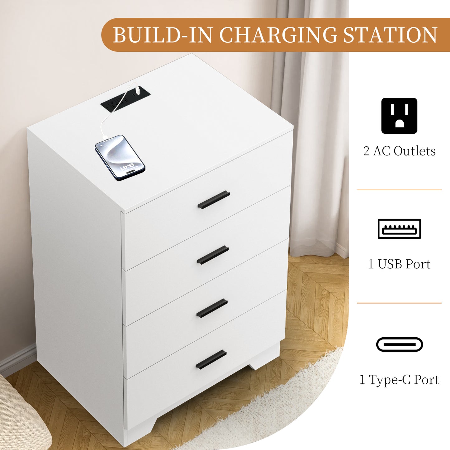 Capri White 4 Drawer Dresser with Power Outlets, Modern Storage Wide Chest of Drawer, Wooden Dresser Storage Cabinet for Bedroom Living Room