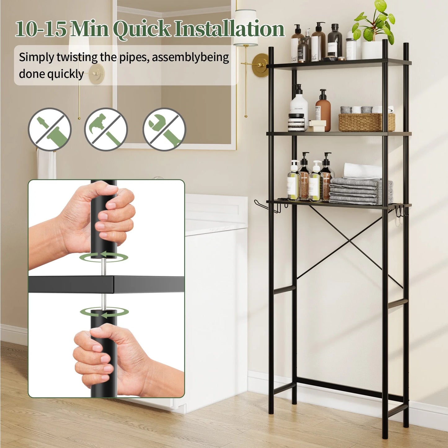 Capri 3-Shelf Over the Toilet Storage, Freestanding Metal Bathroom Organizers and Storage Shelf, Black