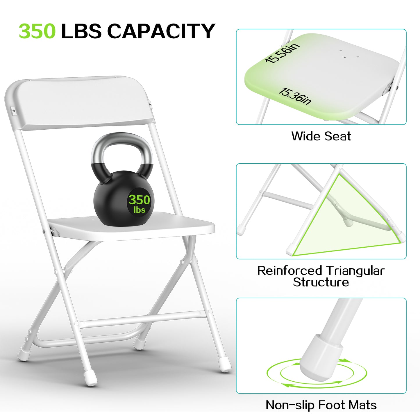 Capri White Plastic Folding Chair 4 Pack with Steel Frame, Hold up to 350 lbs, Indoor Outdoor Portable Stackable Event Chair Commercial Seat for Dining Wedding Party Office Picnic Kitchen