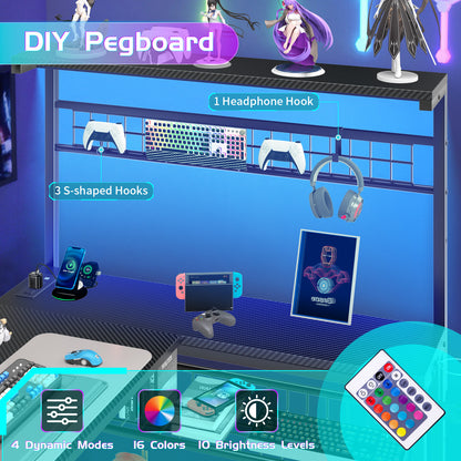 Capri L Shaped Gaming Desk, 52" Reversible Computer Desk with Power Outlets & LED Lights & Headset Hooks & Cup Holder & Storage Bag, Carbon Fiber Black