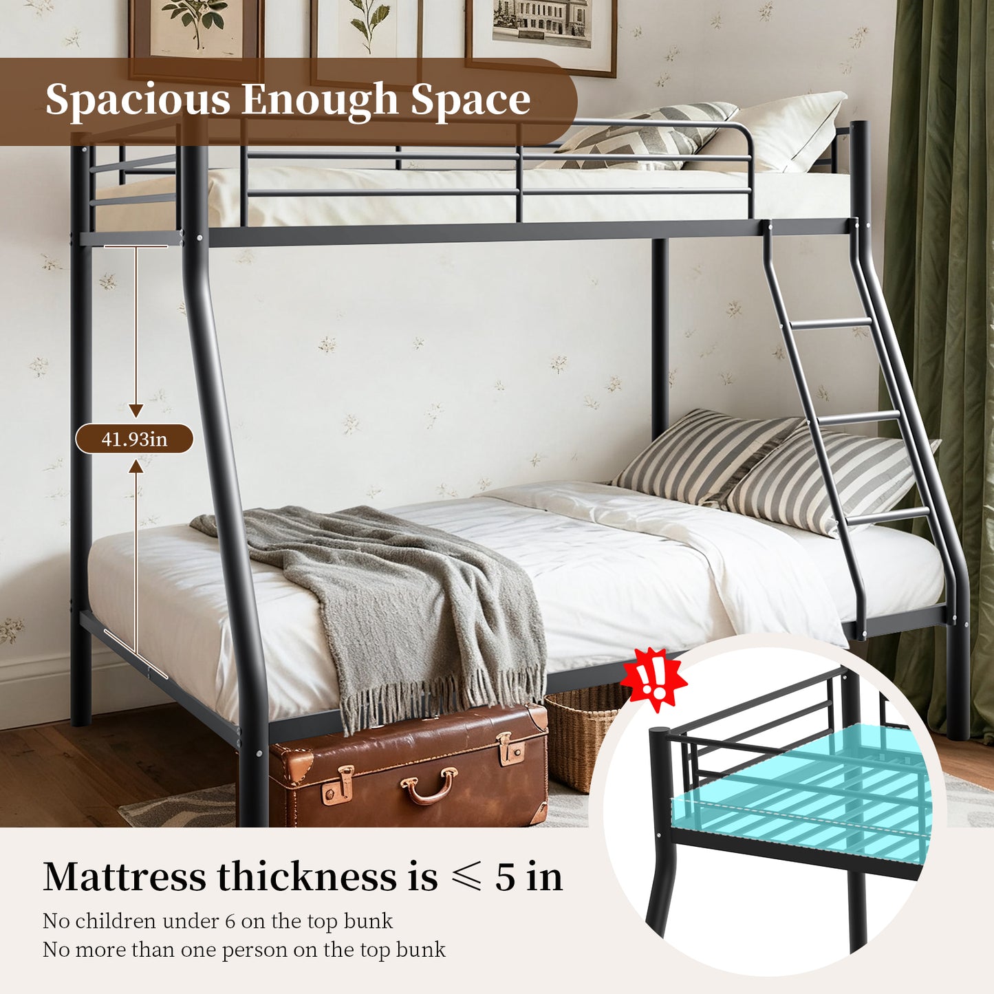 Capri Twin over Full Size Metal Bunk Bed for Teens Adult with 12" Under-Bed Storage & Ladder & Full-Length Guardrail, Space-Saving, Heavy-duty, Black