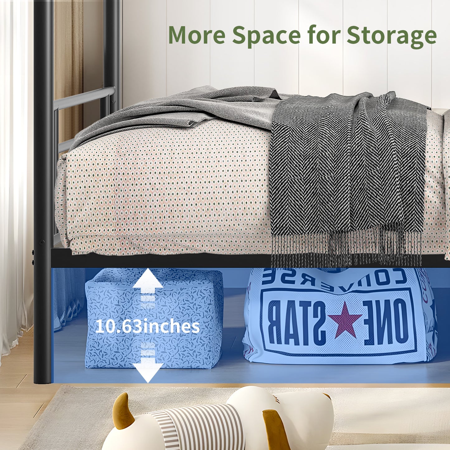 Capri Metal Twin over Twin Size Bunk Bed Frame with 10.63'' Under-Bed Storage & Stairs & Full-Length Guardrail, Noise Free, Heavy-duty, Black