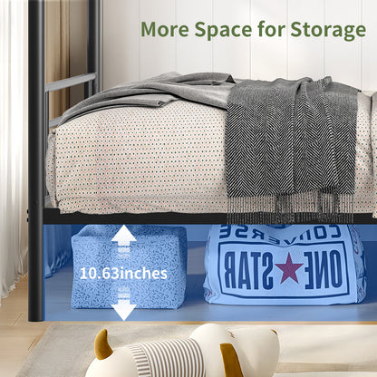 Capri Metal Twin over Twin Size Bunk Bed Frame with 10.63'' Under-Bed Storage & Stairs & Full-Length Guardrail, Noise Free, Heavy-duty, Black