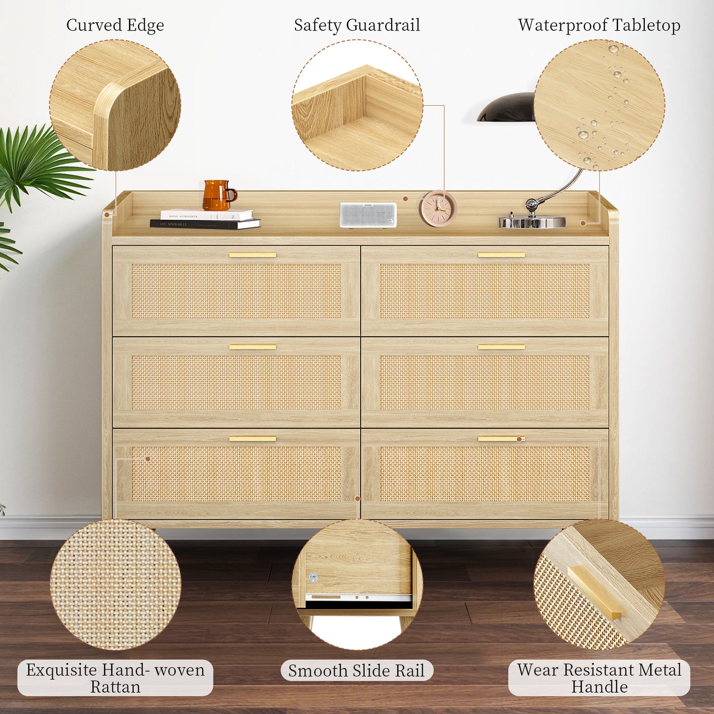 Capri 6-Drawer Dresser, Rattan Dresser Storage Wide Chest of Drawers, Wooden Bedside Night Stand Storage Cabinet for Bedroom,Living Room, Entryway, Natural