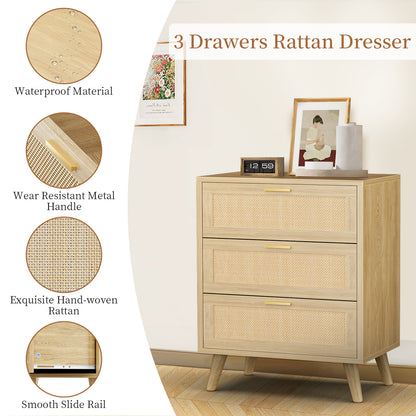 Capri 3-Drawer Dresser, Rattan Dresser Storage Wide Chest of Drawers, Wooden Bedside Night Stand Storage Cabinet for Bedroom,Living Room, Entryway, Natural