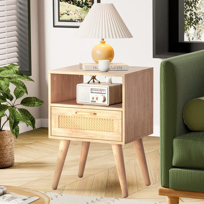 Capri Rattan Nightstand with Drawer Open Shelf and Solid Wood Feet, Cane Accent Sofa Table for Bedroom Living Room Dorm and Small Spaces, Natural
