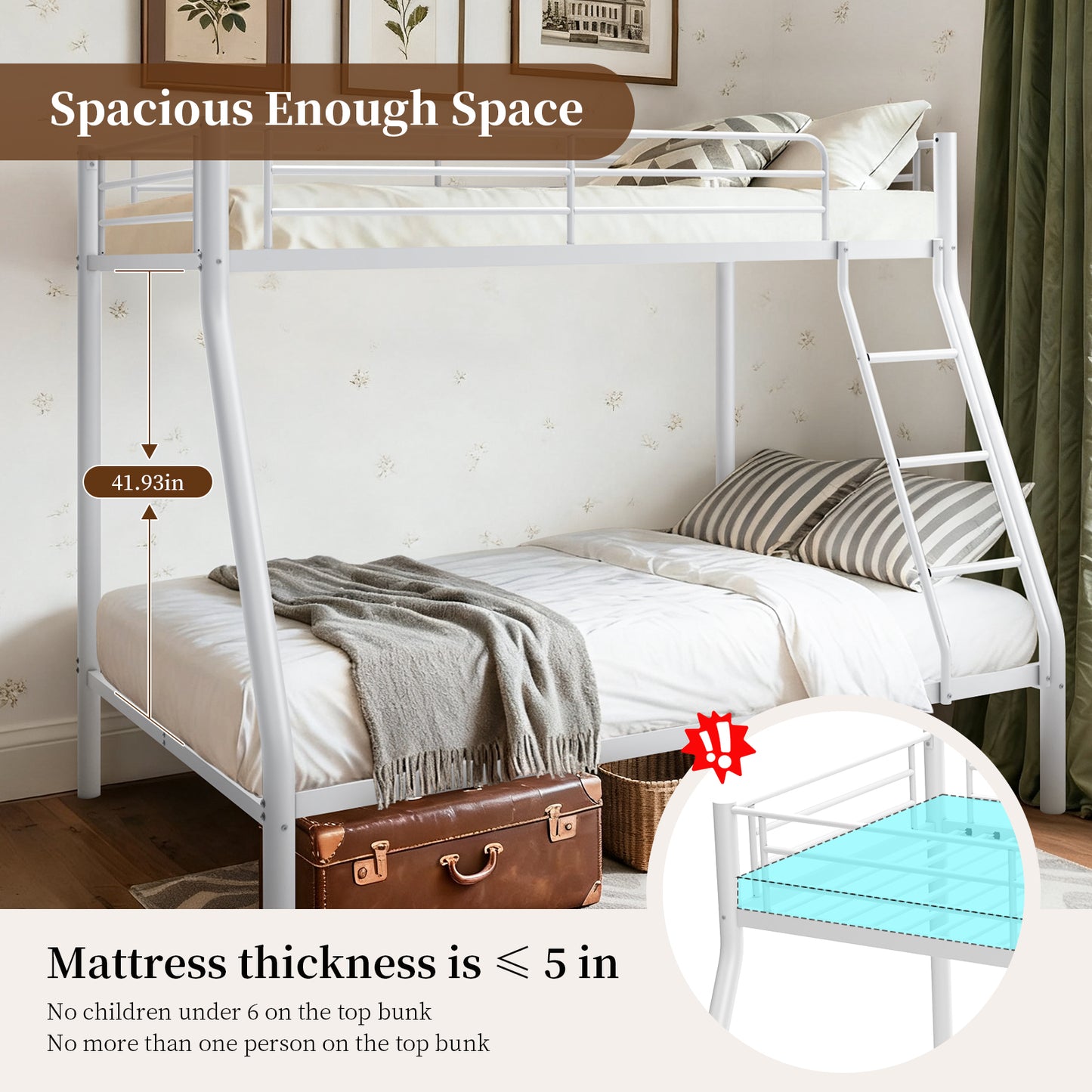 Capri Twin over Full Size Metal Bunk Bed for Teens Adult with 12" Under-Bed Storage & Ladder & Full-Length Guardrail, Space-Saving, Heavy-duty, White