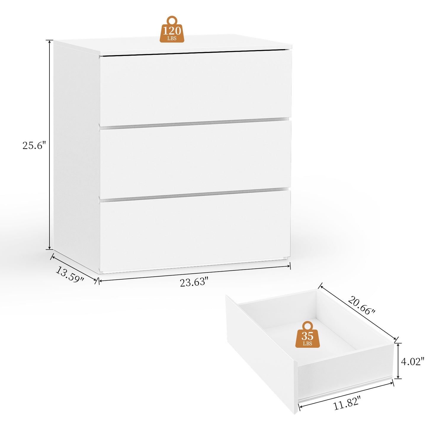 Capri White 3 Drawer Dresser, Modern Storage Wide Chest of Drawer,Wooden Dresser Storage Cabinet Bedside Nightstand for Bedroom Living Room