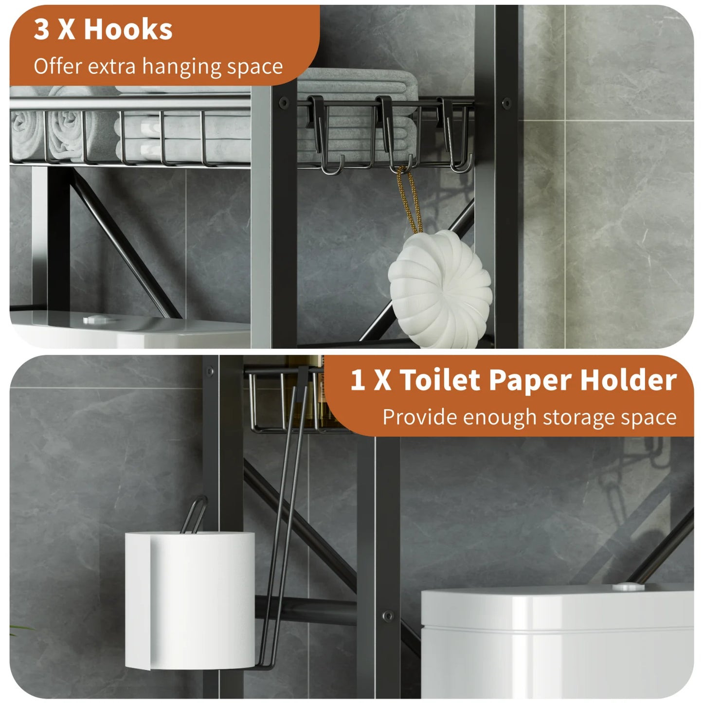 Capri 4-Tier Over-the-Toilet Storage Shelf, Bathroom Organizer Shelf Over Toilet, Freestanding Space Saver Rack with Adjustable Shelf and Basket, Rustic Brown