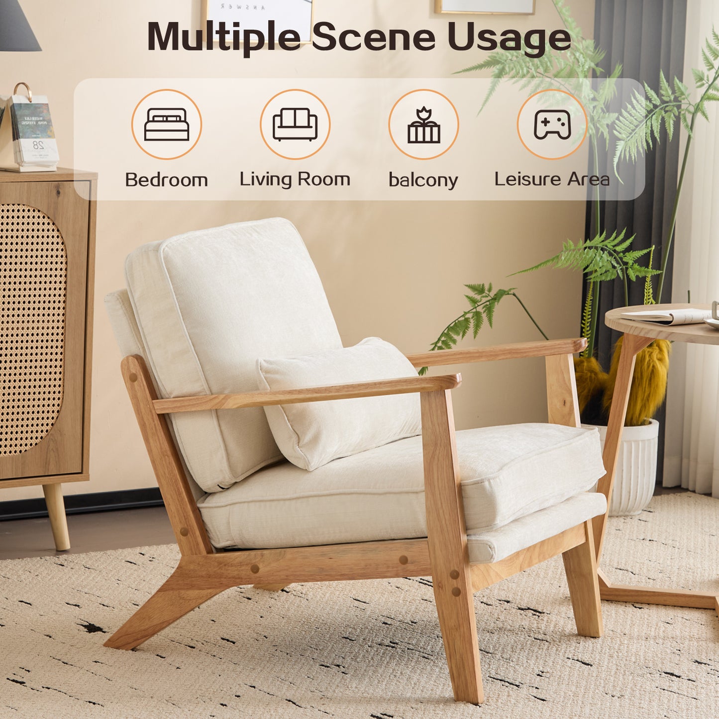 Capri Modern Reading Chair, Solid Wood Accent Arm Chair, Upholstered Sofa Side Chair with Lumbar Pillow, Armchair for Living Room Bedroom Guest Room, Beige/C