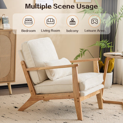 Capri Modern Reading Chair, Solid Wood Accent Arm Chair, Upholstered Sofa Side Chair with Lumbar Pillow, Armchair for Living Room Bedroom Guest Room, Beige/C