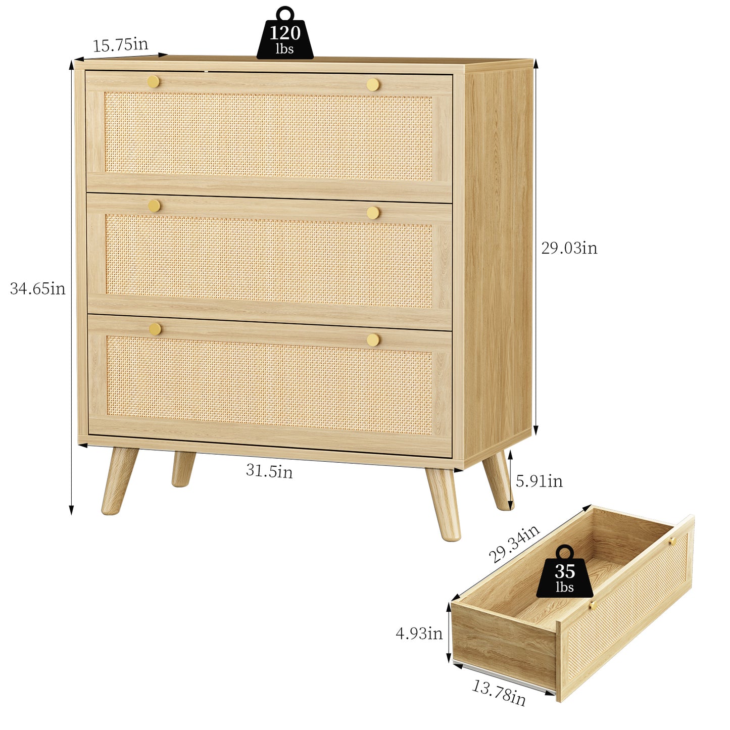 Capri 3-Drawer Dresser, Rattan Dresser Storage Wide Chest of Drawers, Wooden Bedside Night Stand Storage Cabinet for Bedroom,Living Room, Entryway, Natural