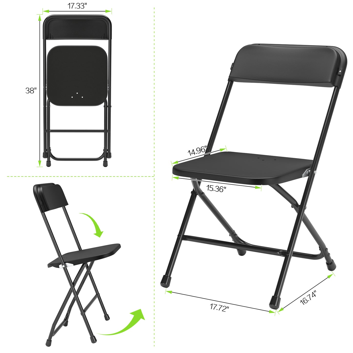 Capri Black Plastic Folding Chair 4 Pack with Steel Frame, Hold up to 350 lbs, Indoor Outdoor Portable Stackable Event Chair Commercial Seat for Dining Wedding Party Office Picnic Kitchen