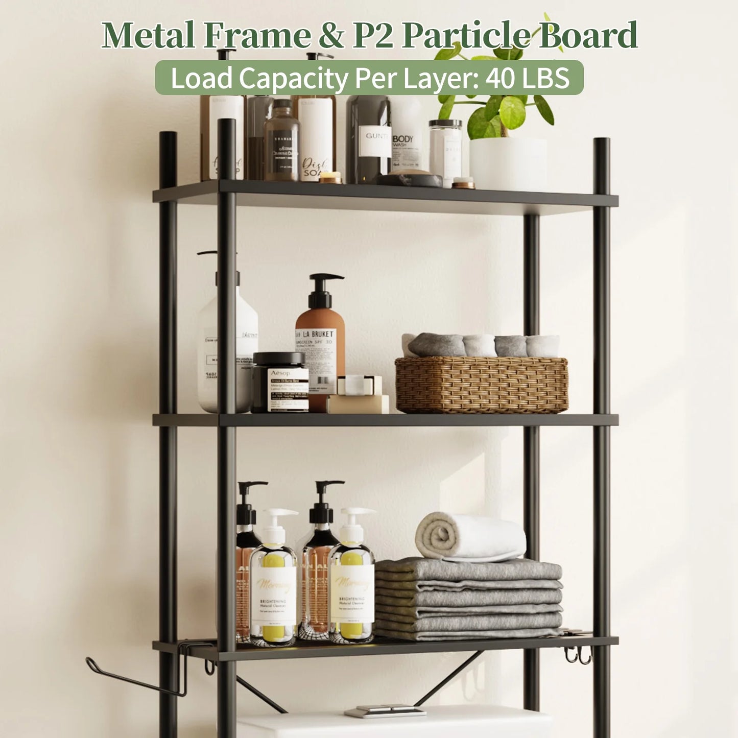 Capri 3-Shelf Over the Toilet Storage, Freestanding Metal Bathroom Organizers and Storage Shelf, Black