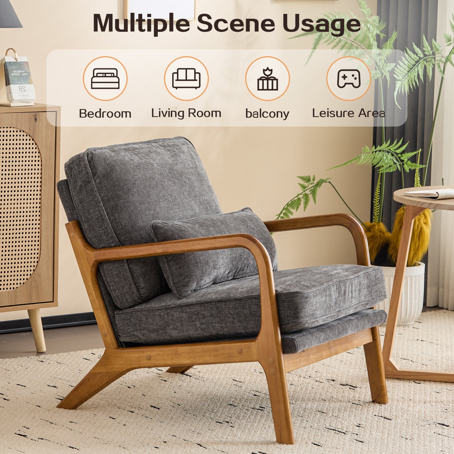 Capri Modern Accent Chair, Mid-Century Solid Wood Arm Chair, Upholstered Reading Chair with Lumbar Pillow, Sofa Side Chairs for Living Room Bedroom Guest Room, Dark Gray