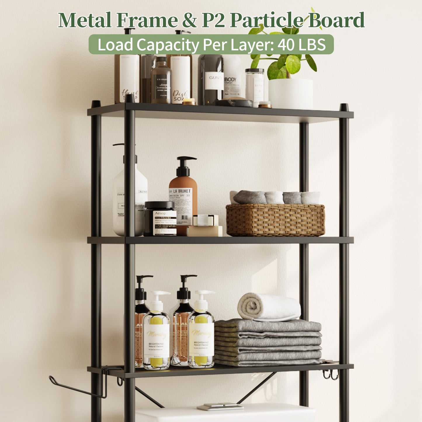 Capri 3-Shelf Over the Toilet Storage, Freestanding Metal Bathroom Organizers and Storage Shelf, Black