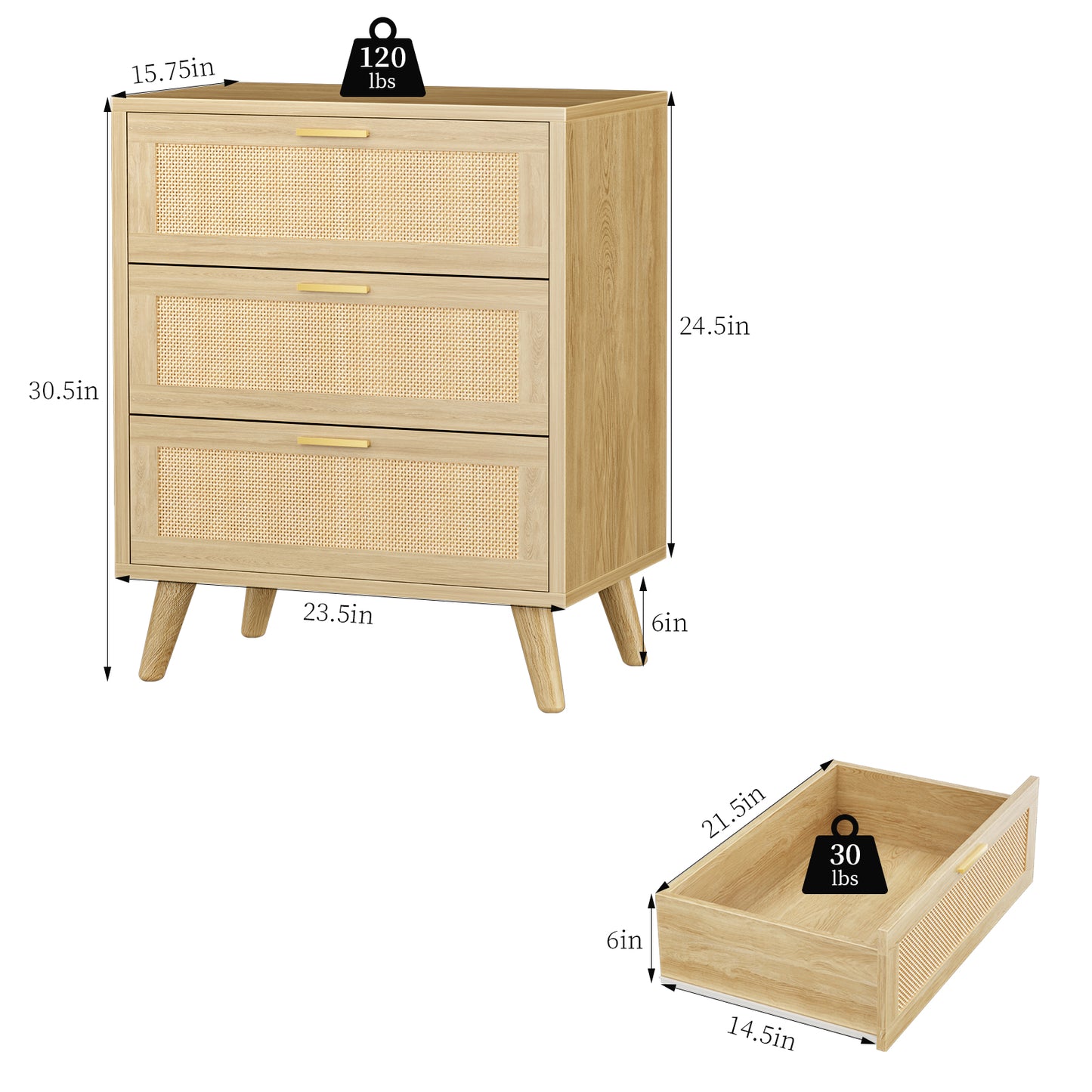 Capri 3-Drawer Dresser, Rattan Dresser Storage Wide Chest of Drawers, Wooden Bedside Night Stand Storage Cabinet for Bedroom,Living Room, Entryway, Natural