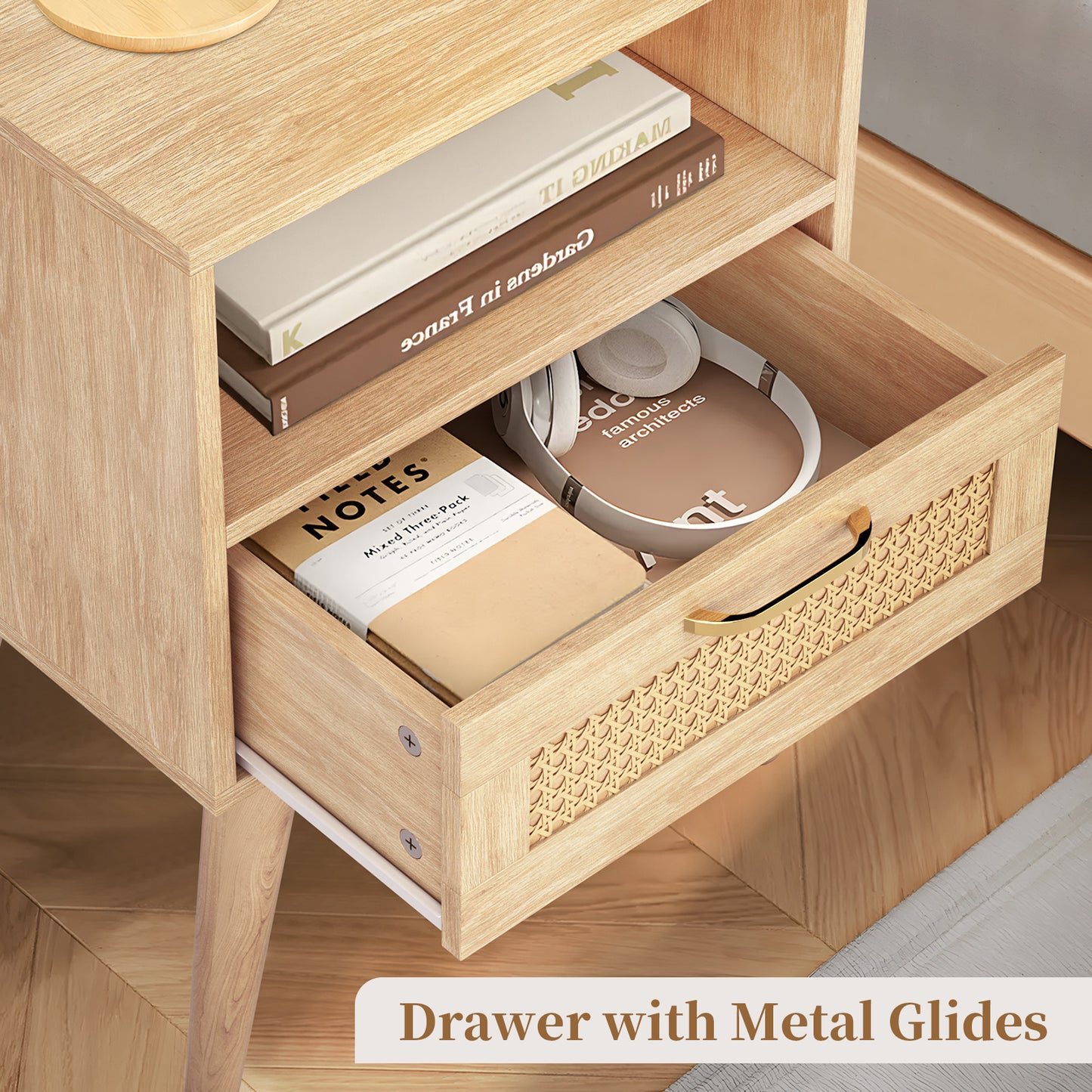 Capri Rattan Nightstand with Drawer Open Shelf and Solid Wood Feet, Cane Accent Sofa Table for Bedroom Living Room Dorm and Small Spaces, Natural