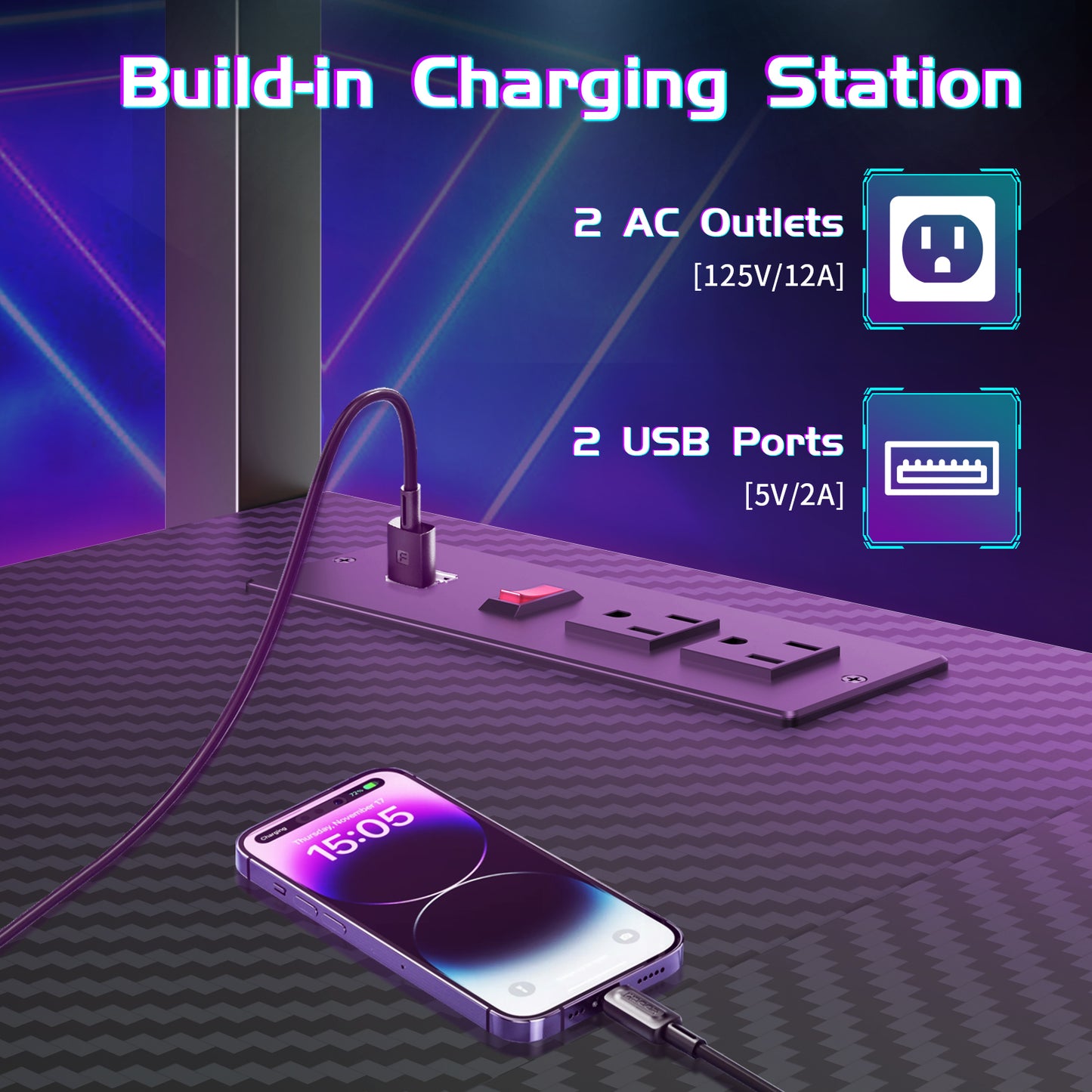 Capri L Shaped Gaming Desk, 52" Reversible Computer Desk with Power Outlets & LED Lights & Headset Hooks & Cup Holder & Storage Bag, Carbon Fiber Black