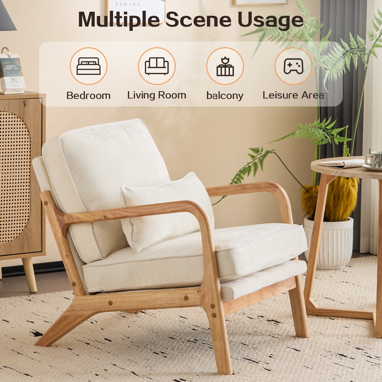 Capri Modern Reading Chair, Solid Wood Accent Arm Chair, Upholstered Sofa Side Chair with Lumbar Pillow, Armchair for Living Room Bedroom Guest Room, Beige/A