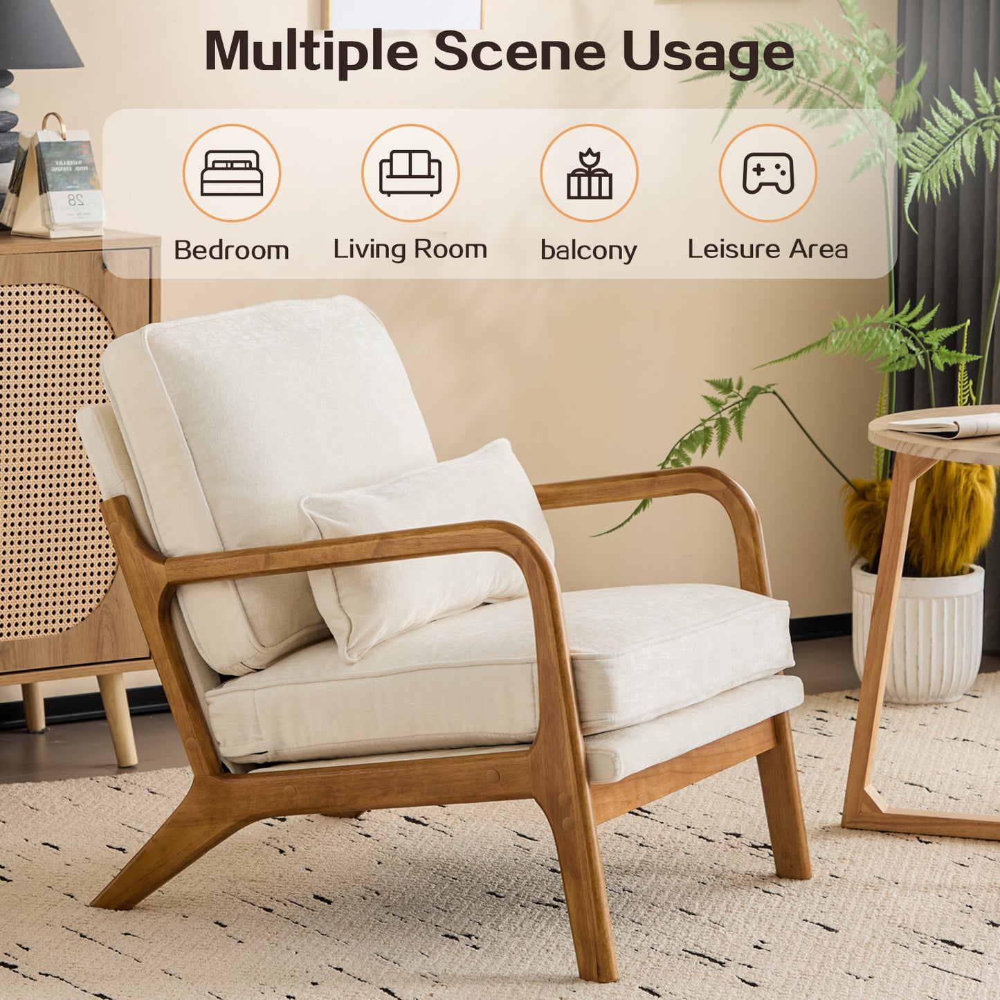 Capri Modern Accent Chair, Mid-Century Solid Wood Arm Chair, Upholstered Reading Chair with Lumbar Pillow, Sofa Side Chairs for Living Room Bedroom Guest Room, Beige/B
