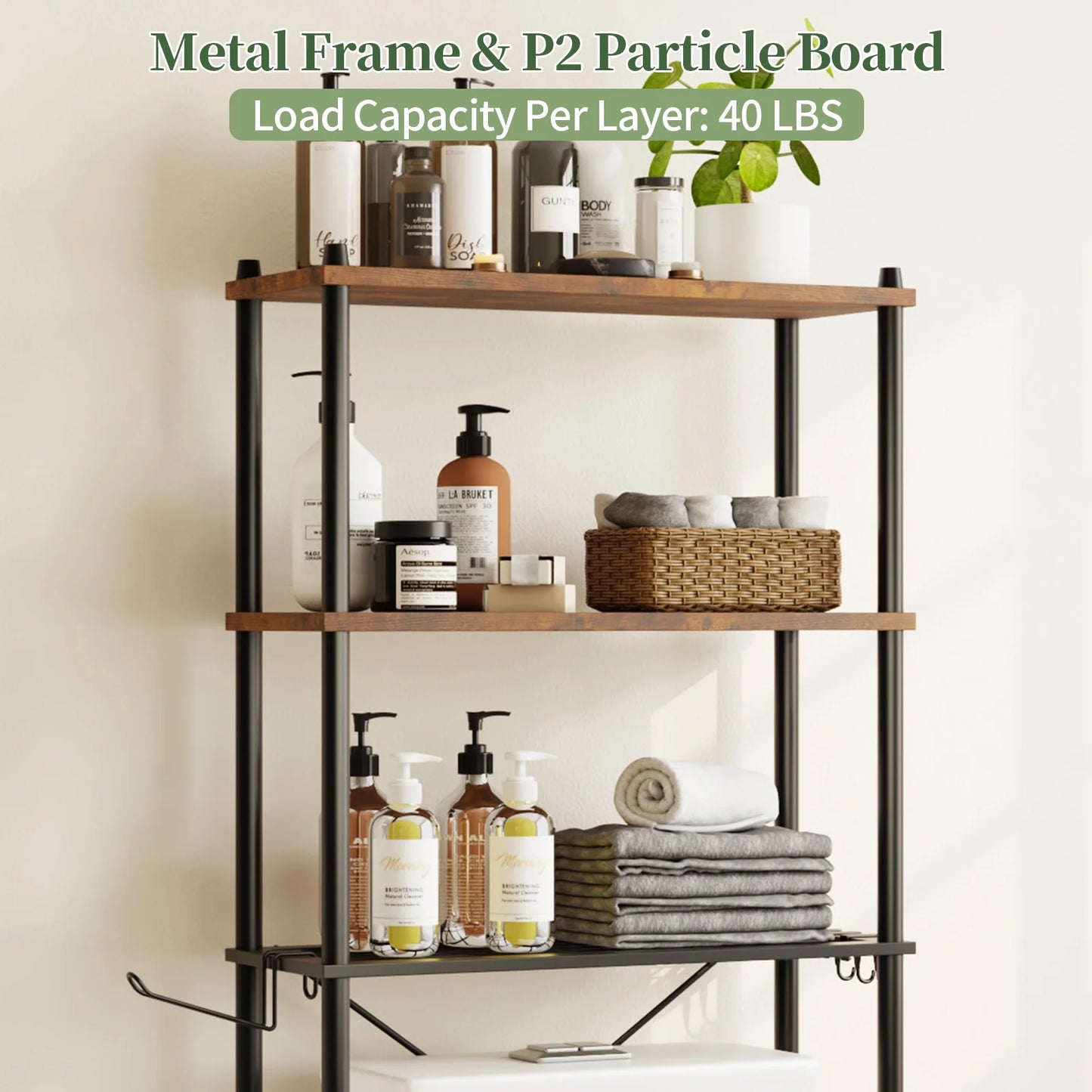Capri 3-Shelf Over the Toilet Storage, Freestanding Metal Bathroom Organizers and Storage Shelf, Rustic Brown