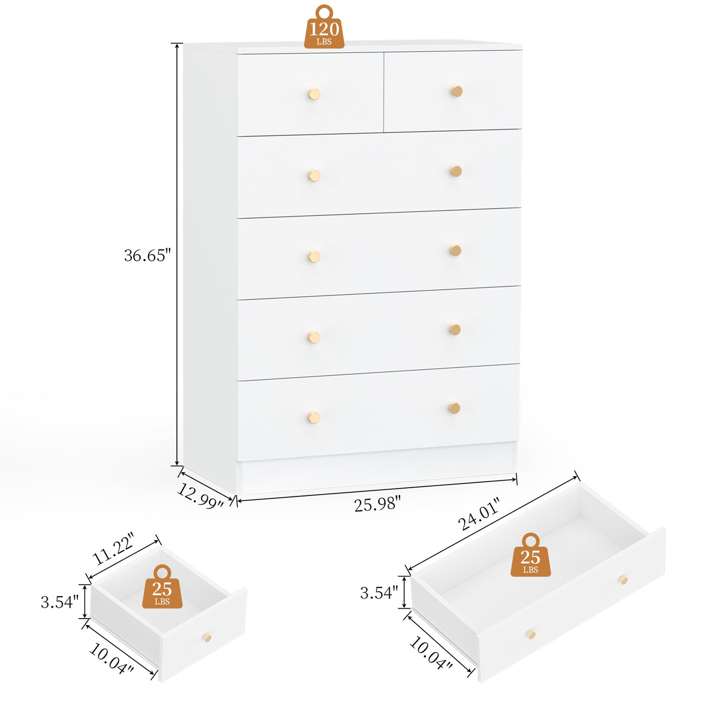 Capri White 6 Drawer Dresser, Modern Storage Wide Chest of Drawer,Wooden Dresser Storage Cabinet Bedside Nightstand for Bedroom Living Room