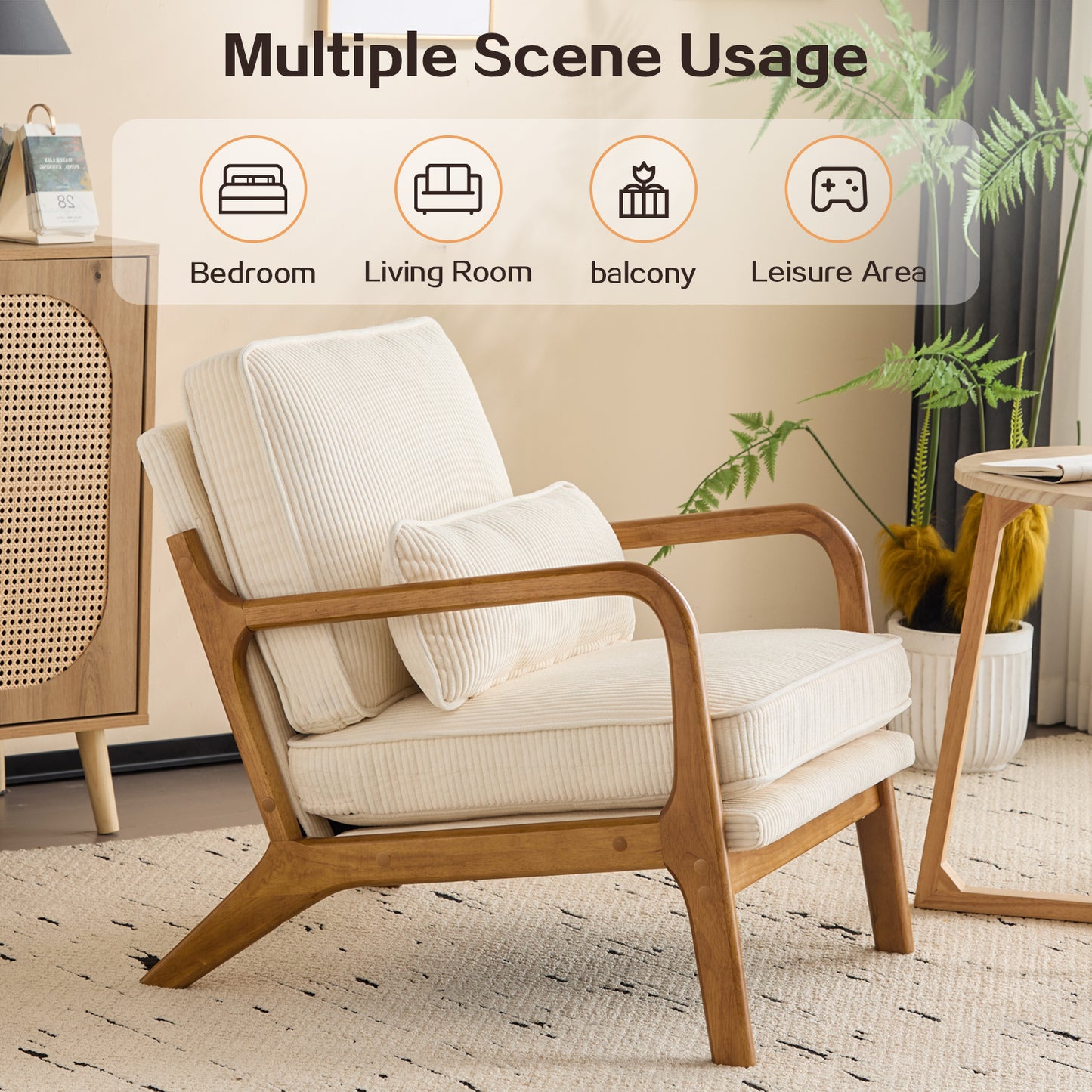 Capri Modern Accent Chair, Mid-Century Solid Wood Arm Chair, Upholstered Reading Chair with Lumbar Pillow, Sofa Side Chairs for Living Room Bedroom Guest Room, Beige Stripe