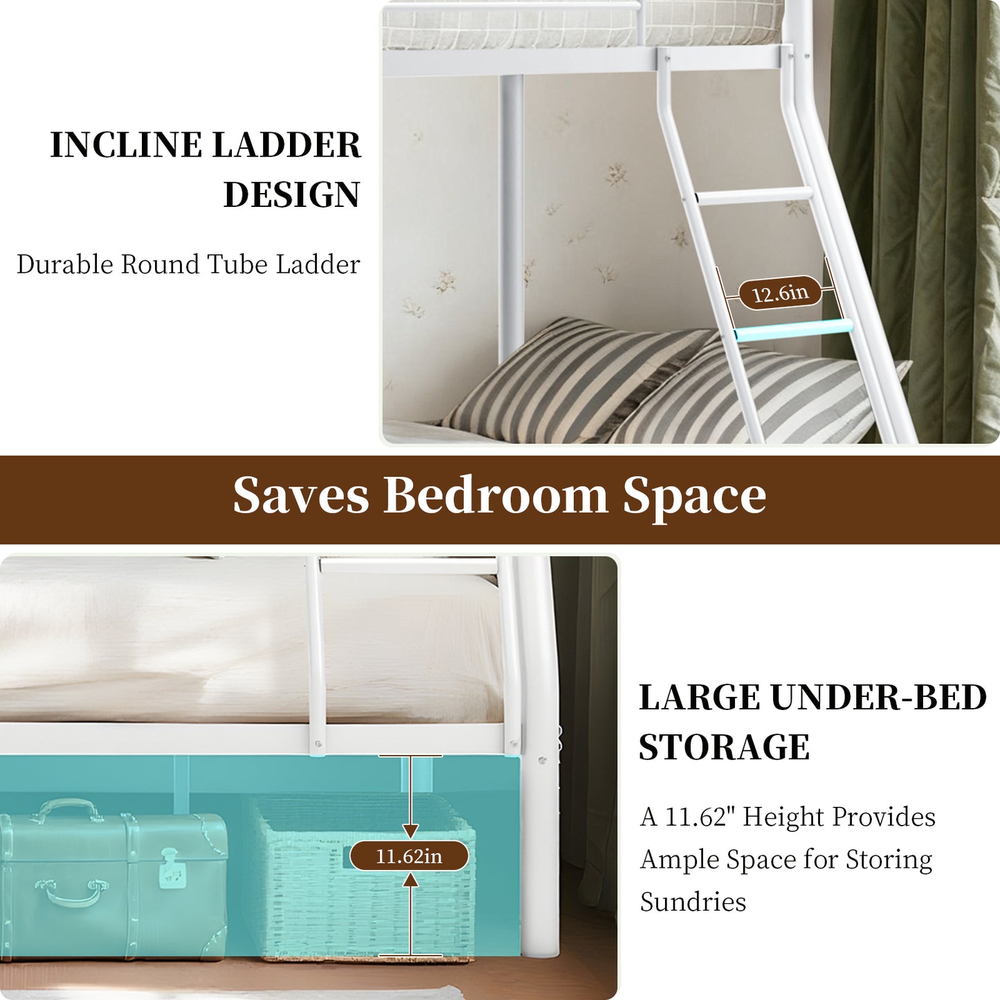 Capri Twin over Full Size Metal Bunk Bed for Teens Adult with 12" Under-Bed Storage & Ladder & Full-Length Guardrail, Space-Saving, Heavy-duty, White