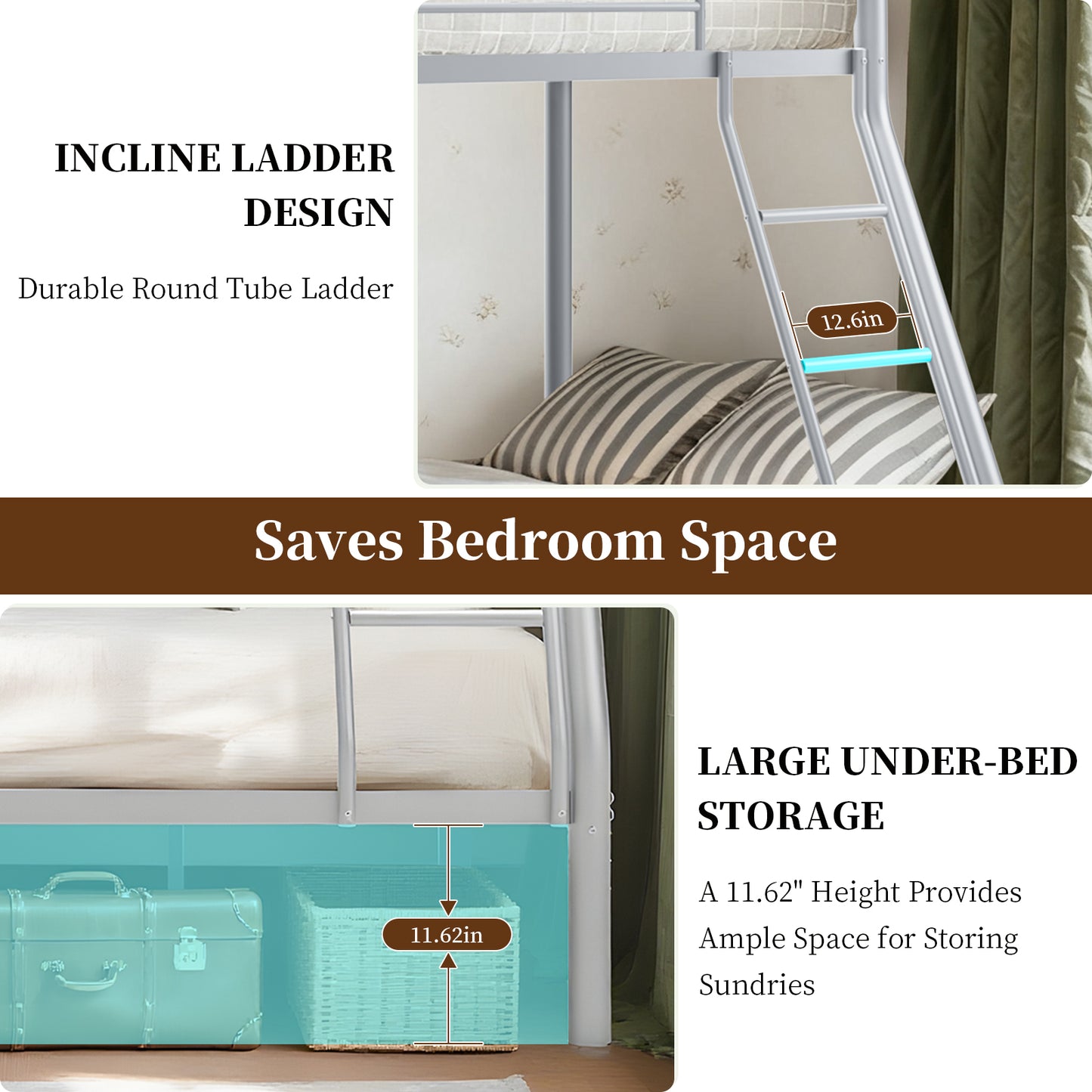 Capri Twin over Full Size Metal Bunk Bed for Teens Adult with 12" Under-Bed Storage & Ladder & Full-Length Guardrail, Space-Saving, Heavy-duty, Silver