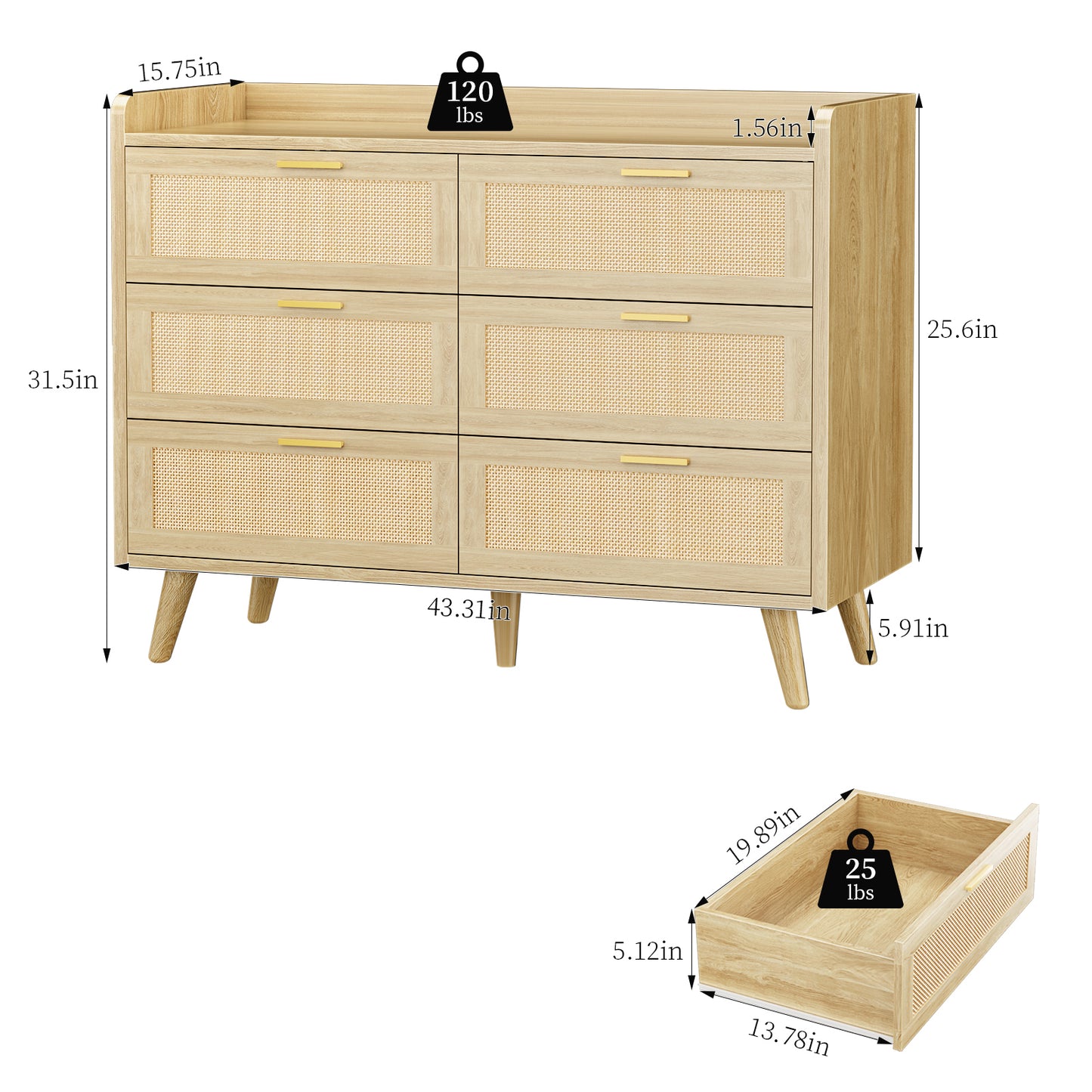 Capri 6-Drawer Dresser, Rattan Dresser Storage Wide Chest of Drawers, Wooden Bedside Night Stand Storage Cabinet for Bedroom,Living Room, Entryway, Natural