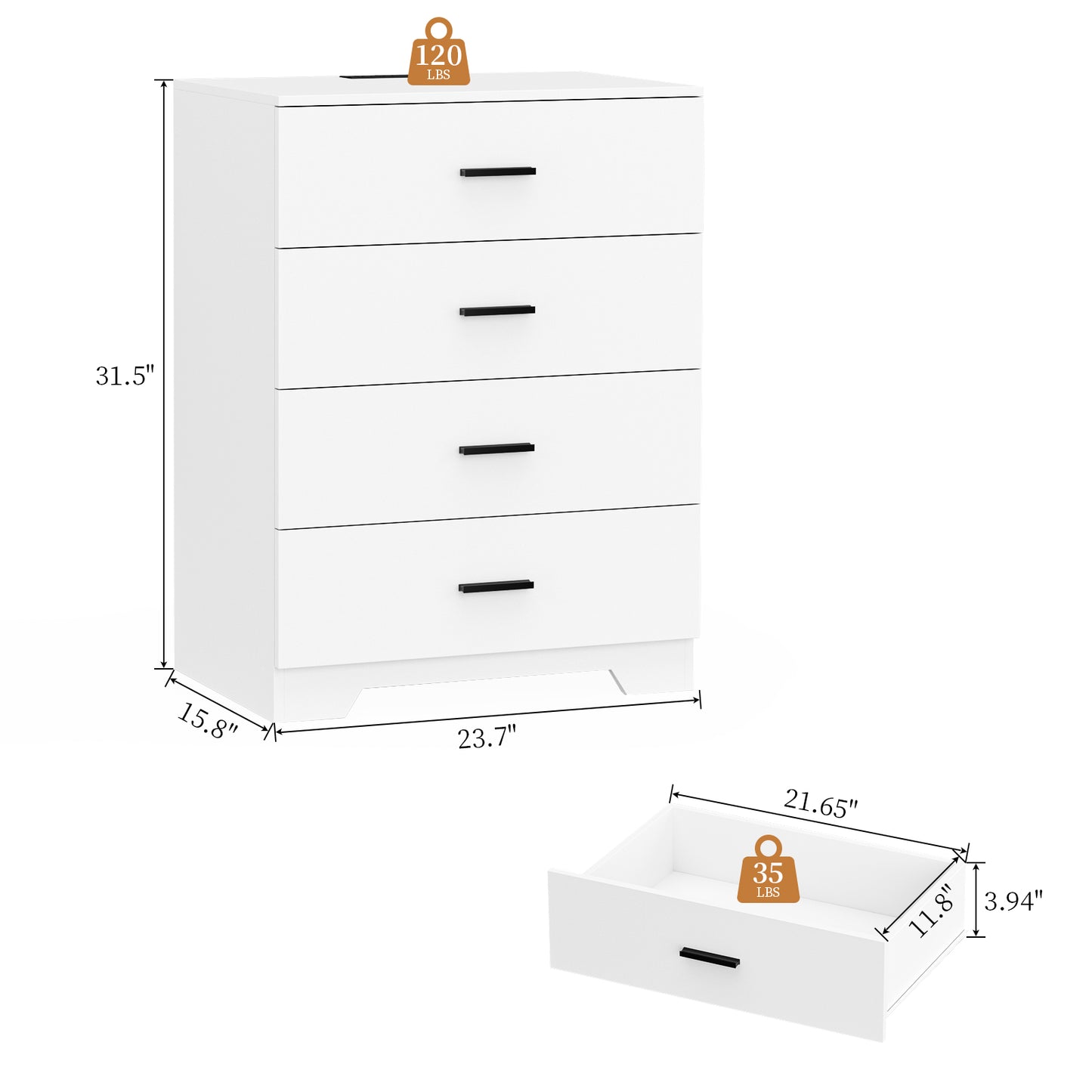 Capri White 4 Drawer Dresser with Power Outlets, Modern Storage Wide Chest of Drawer, Wooden Dresser Storage Cabinet for Bedroom Living Room