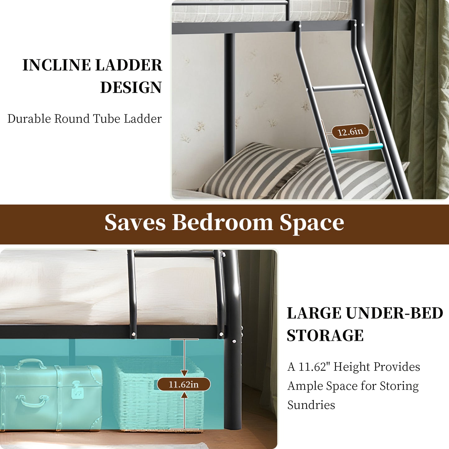 Capri Twin over Full Size Metal Bunk Bed for Teens Adult with 12" Under-Bed Storage & Ladder & Full-Length Guardrail, Space-Saving, Heavy-duty, Black