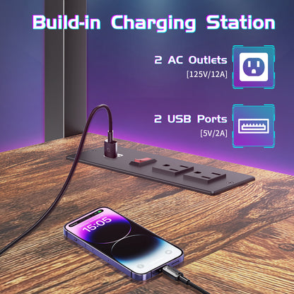 Capri L Shaped Gaming Desk, 42" Computer Desk with Power Outlets & LED Lights & Headset Hooks & Cup Holder & Storage Bag, Rustic Brown