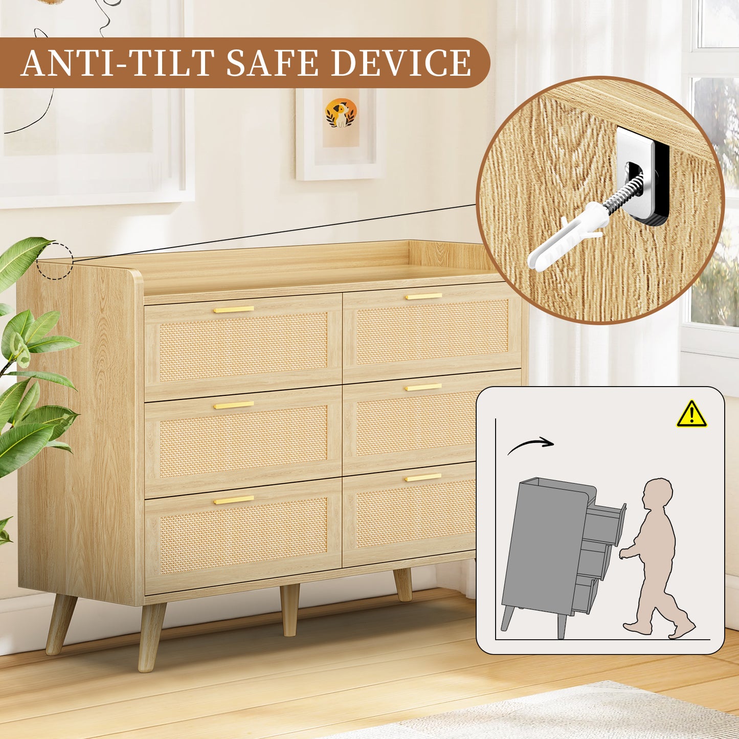 Capri 6-Drawer Dresser, Rattan Dresser Storage Wide Chest of Drawers, Wooden Bedside Night Stand Storage Cabinet for Bedroom,Living Room, Entryway, Natural