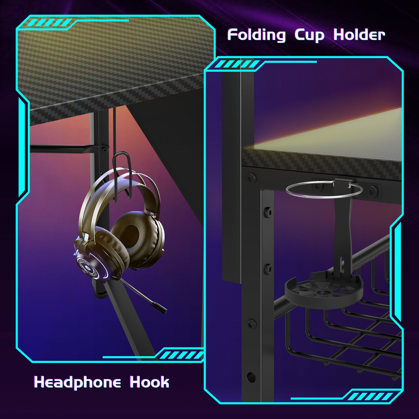 Capri L Shaped Gaming Desk, 52" Reversible Computer Desk with Power Outlets & LED Lights & Headset Hooks & Cup Holder & Storage Bag, Carbon Fiber Black