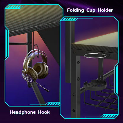 Capri L Shaped Gaming Desk, 52" Reversible Computer Desk with Power Outlets & LED Lights & Headset Hooks & Cup Holder & Storage Bag, Carbon Fiber Black