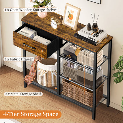 Capri 31.5" Entryway Table with Storage Fabric Drawer, Industrial Sofa Console Table Small Narrow Tables 4-Tier Shoe Rack Side Furniture for Small Spaces, Front Door, Hallway, Foyer, Rustic Brown