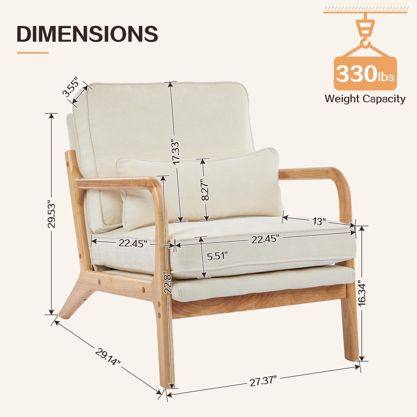 Capri Modern Reading Chair, Solid Wood Accent Arm Chair, Upholstered Sofa Side Chair with Lumbar Pillow, Armchair for Living Room Bedroom Guest Room, Beige/A